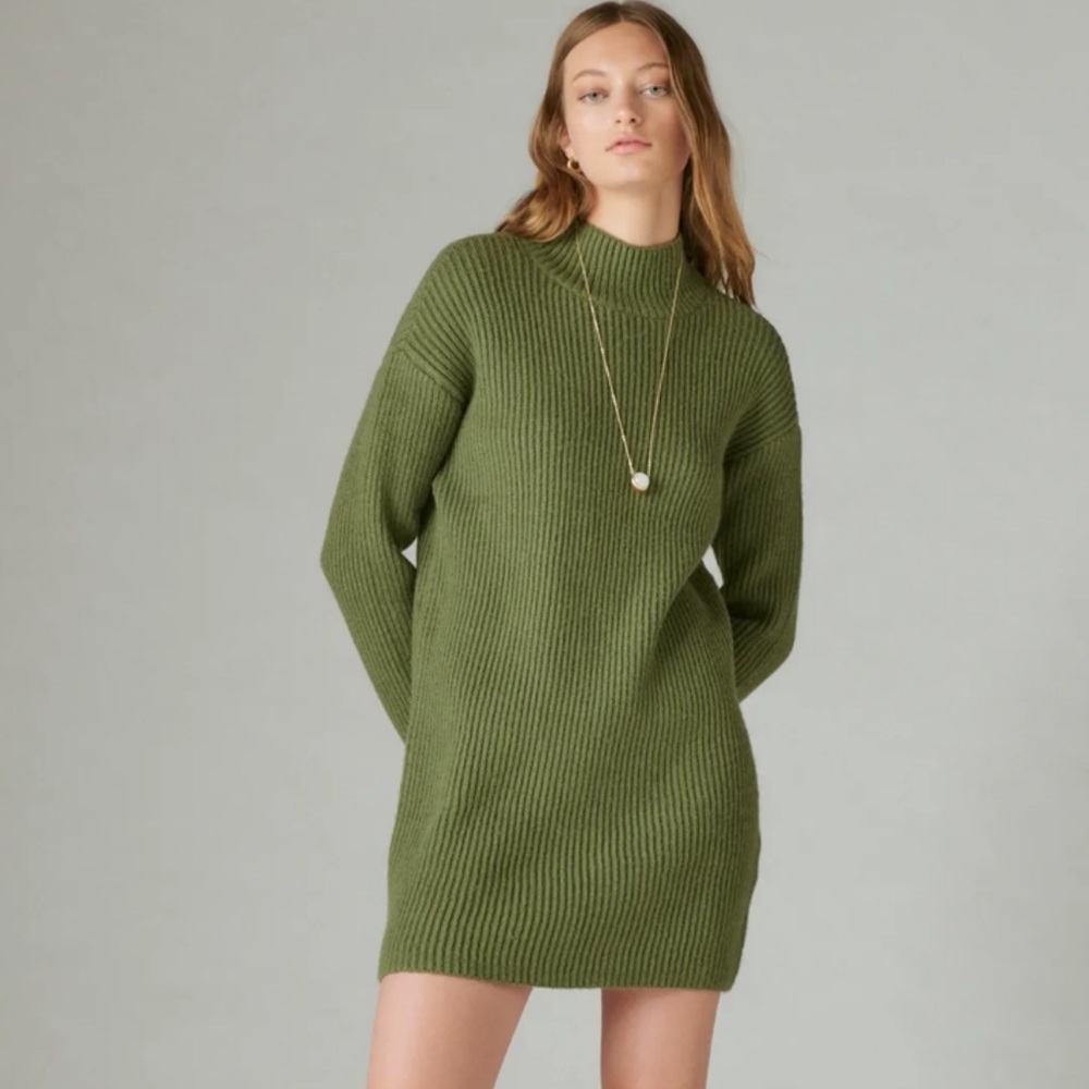 NWT LUCKY BRAND MOCK NECK RIBBED SWEATER DRESS OLIVE GREEN WOOL BLEND SIZE XS - Picture 3 of 11